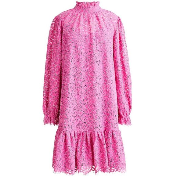 NWOT J Crew Ruffleneck Long Sleeve Lace Dress Hot Pink - Small - Picture 3 of 12